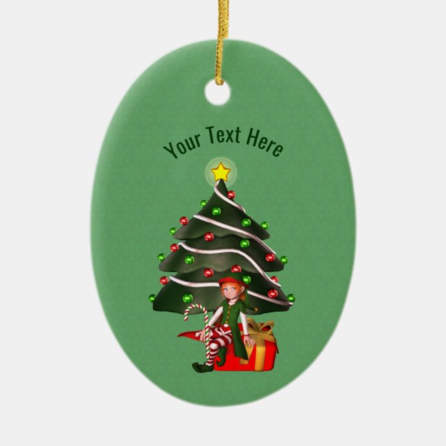 Cute Girl Elf Tree Holiday Personalized Ceramic Ornament (Front)