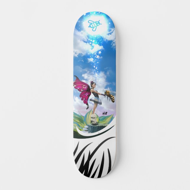 Cute Girl Fairy Casting Magic Spell on Bumble Bee Skateboard (Front)