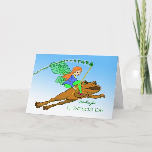 Cute Girl Fairy on Flying Frog St Patricks Day Card