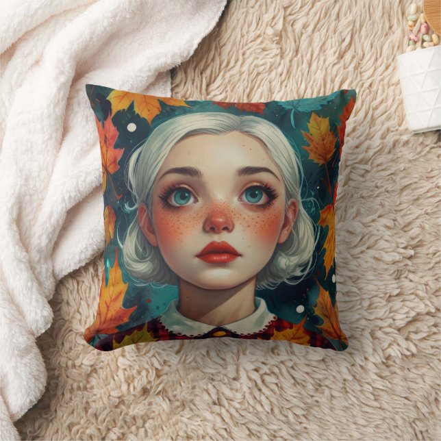 Cute Girl Fall Leaves Autumn Colors Throw Pillow (Blanket)