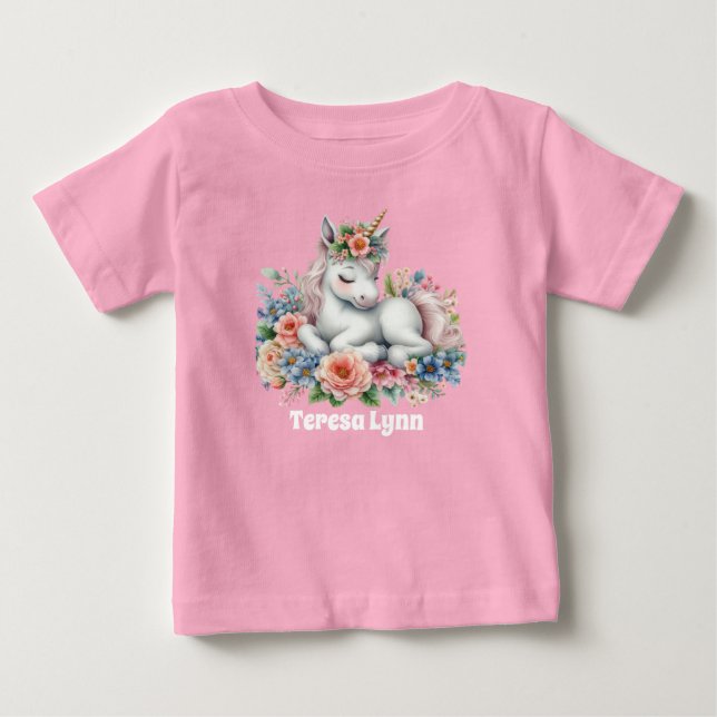 Cute girl fantasy unicorn add name  baby T-Shirt (Front)