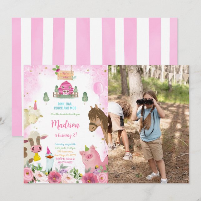 Cute Girl Farm Birthday Photo Invitation (Front/Back)
