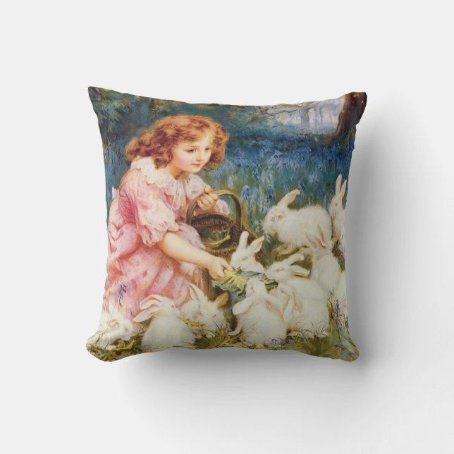 Cute Girl Feeding the Rabbits Throw Pillow (Front)