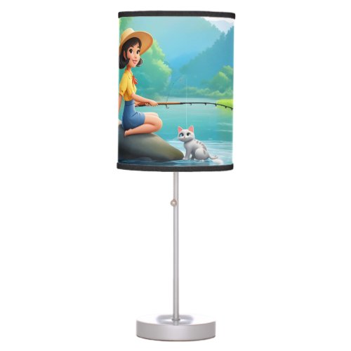 Cute girl  fishing with her cat printe table lamp 
