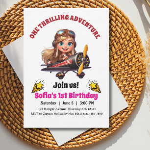 Cute Girl Flying Airplane, Aviation First Birthday Invitation