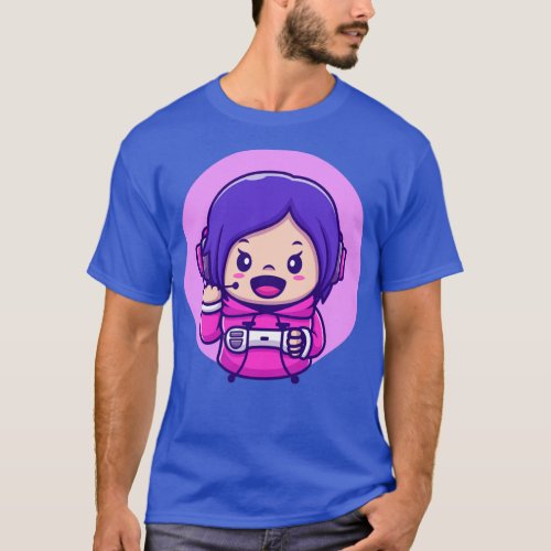 Cute Girl Gaming Holding Joystick Cartoon T_Shirt