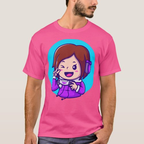 Cute Girl Gaming Holding Joystick With Hand Peace T_Shirt