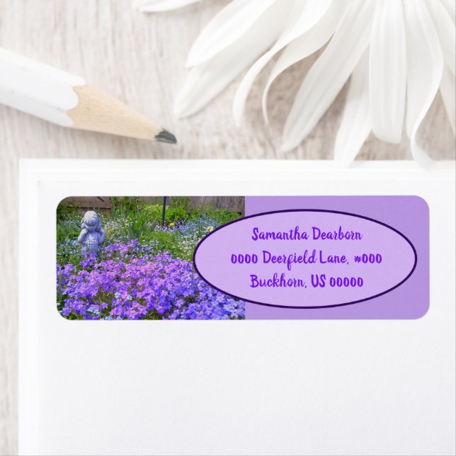 Cute Girl Garden Statue Looking At Purple Flowers Label (Insitu)