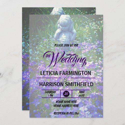 Cute Girl Garden Statue Purple Flowers Wedding Invitation