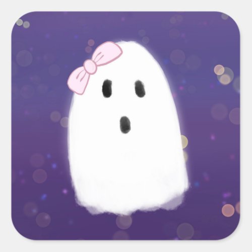 Cute Girl Ghost Wearing Pink Bow Illustration Square Sticker