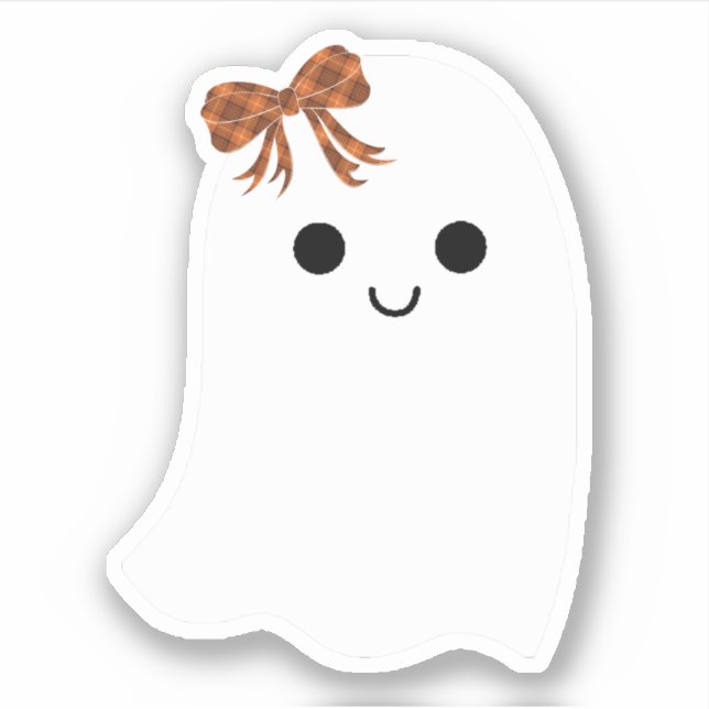 Cute Girl Ghost with Plaid Bow Halloween Sticker (Front)