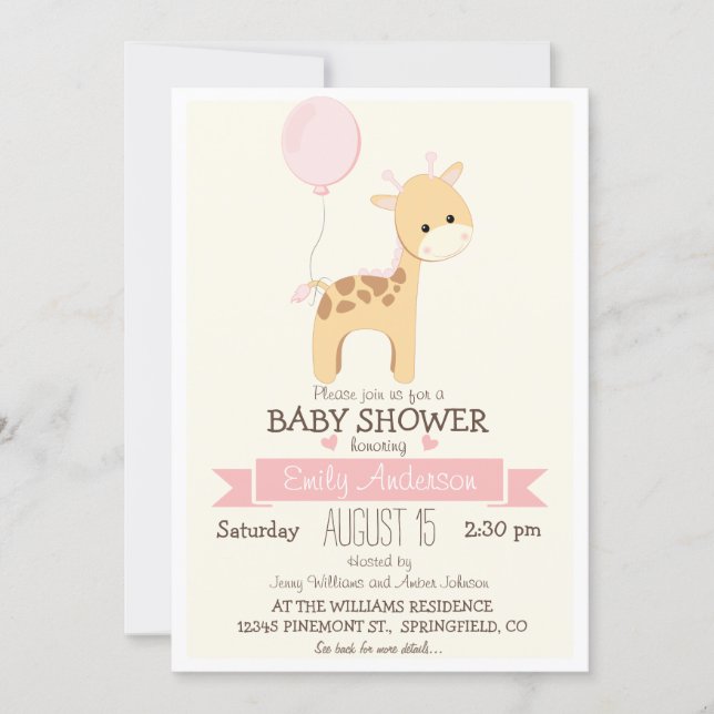 Cute Girl Giraffe, Jungle Zoo Animal Baby Shower Invitation (Front)