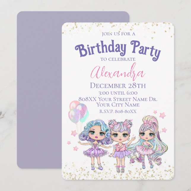 Cute Girl Glitter Dolls Birthday Party Invitation (Front/Back)