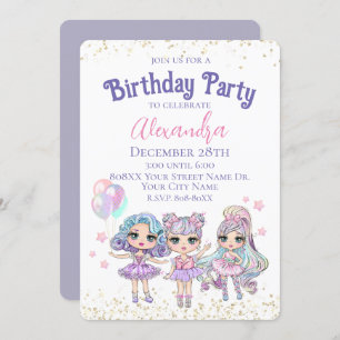 Cute Girl Glitter Dolls Birthday Party Invitation