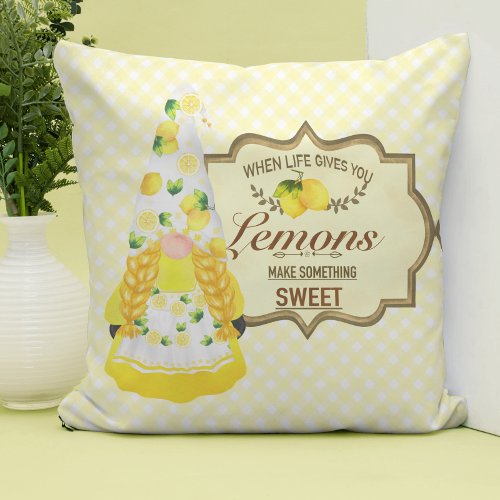 Cute Girl Gnome and Lemons Throw Pillow