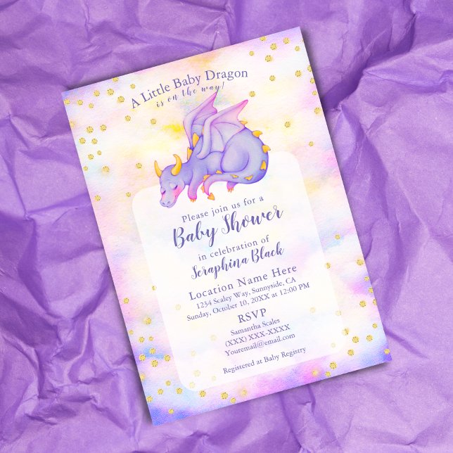 Cute Girl Gold Purple Dragon Baby Shower Invitation