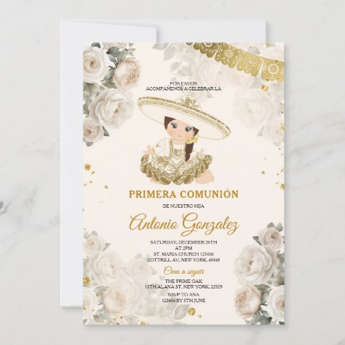 Cute Girl Gold White Cream Flower Primera Comunin Invitation