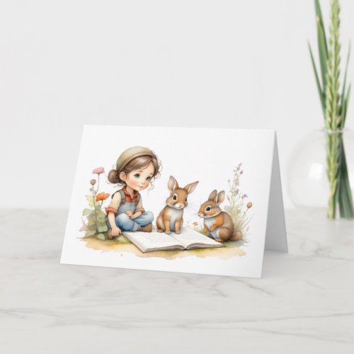 Cute Girl Green Eyes Book Rabbits Flowers Blank Card