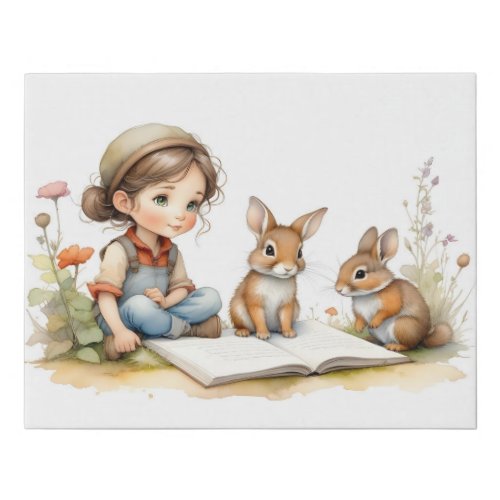 Cute Girl Green Eyes Book Rabbits Flowers Faux Canvas Print