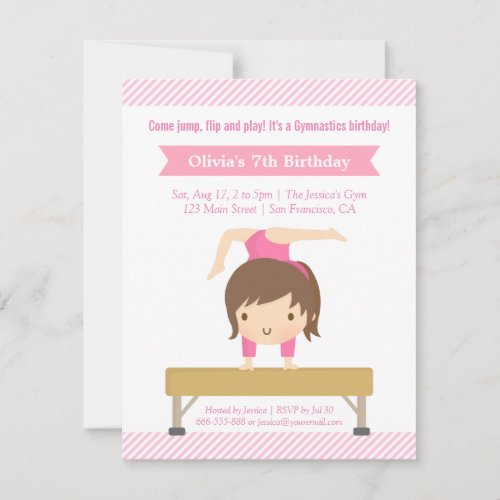 Cute Girl Gymnastics Kids Birthday Party Invitation