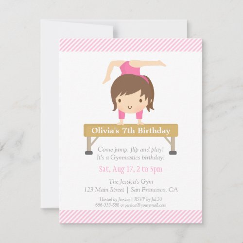 Cute Girl Gymnastics Kids Birthday Party Invitation