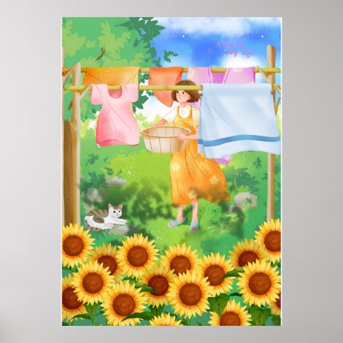 Cute Girl Hanging Laundry in Sunflower Garden Illu Poster