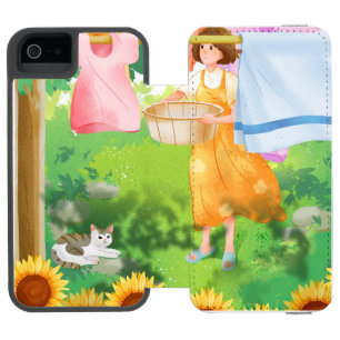 Cute Girl Hanging Laundry in Sunflower Garden iPhone SE/5/5s Wallet Case