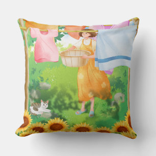 Cute Girl Hanging Laundry in Sunflower Garden. Throw Pillow