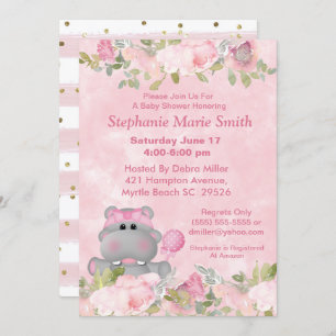 Cute Girl Hippo Pink Floral Baby Shower Invitation