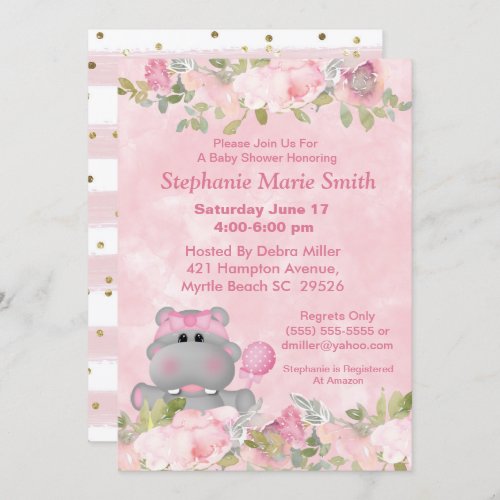 Cute Girl Hippo Pink Floral Baby Shower   Invitation