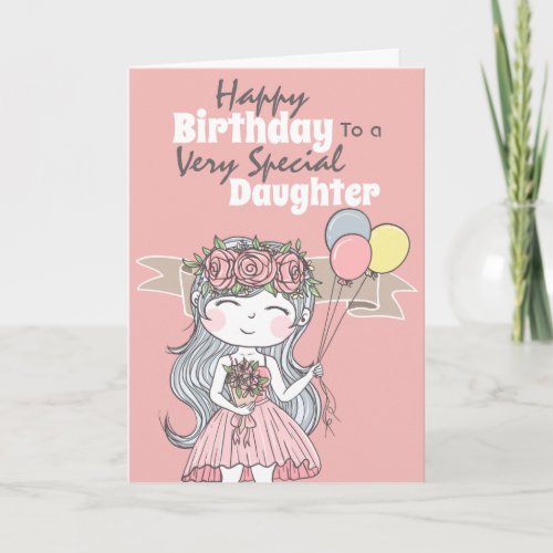 Cute girl holding balloons flower birthday card