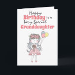 Cute girl holding balloons special granddaughter card<br><div class="desc">A beautiful illustration of of a girl wearing a pink summer dress has pretty pink roses in her long loose hair and is holding a bunch of flowers and a bunch of gray, pink and yellow balloons. The words, happy birthday to a very special granddaughter (which may be changed to...</div>
