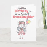 Cute girl holding balloons special granddaughter card<br><div class="desc">A beautiful illustration of of a girl wearing a pink summer dress has pretty pink roses in her long loose hair and is holding a bunch of flowers and a bunch of gray, pink and yellow balloons. The words, happy birthday to a very special granddaughter (which may be changed to...</div>
