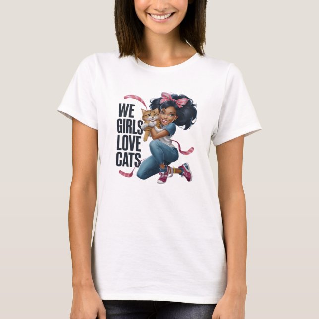Cute Girl Hugging Ginger Cat T-Shirt (Front)