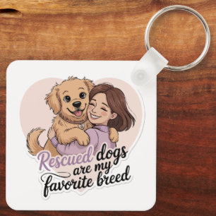 Cute Girl Hugging Rescue Dog Kawaii Illustration Keychain