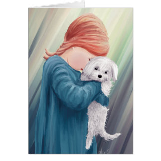 Cute Girl Hugging White Dog Cards