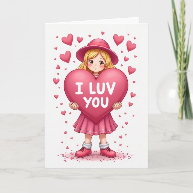 Cute Girl I Luv You Heart Card (Front)