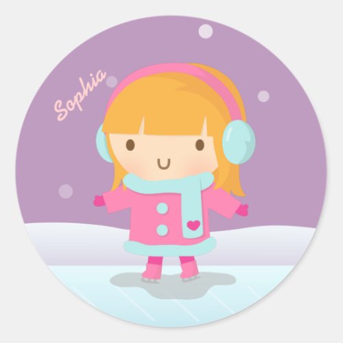 Cute Girl Ice Skater For Kids Classic Round Sticker