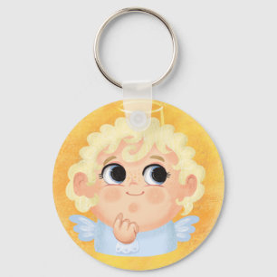 Cute girl in a Angel Halloween costume Paper Plat Keychain