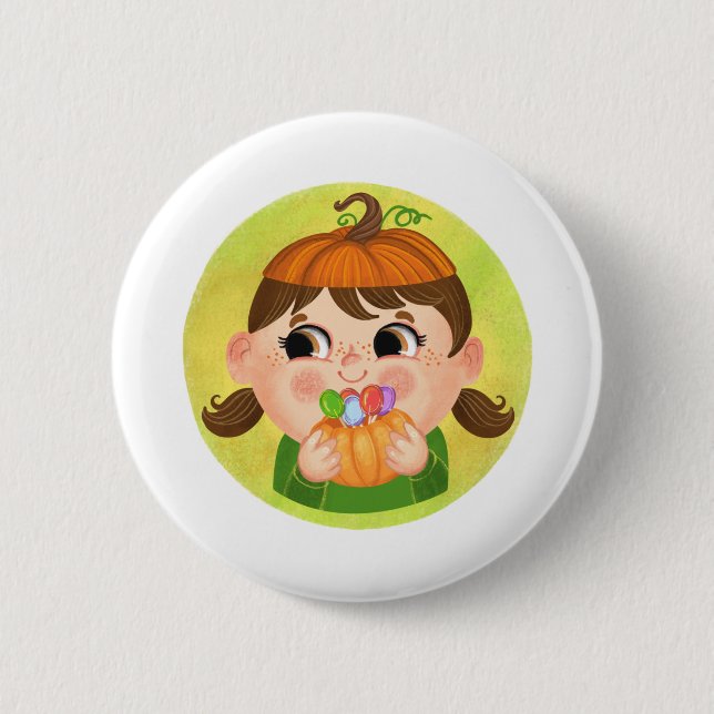 Cute girl in a Pumpkin Halloween costume Button (Front)