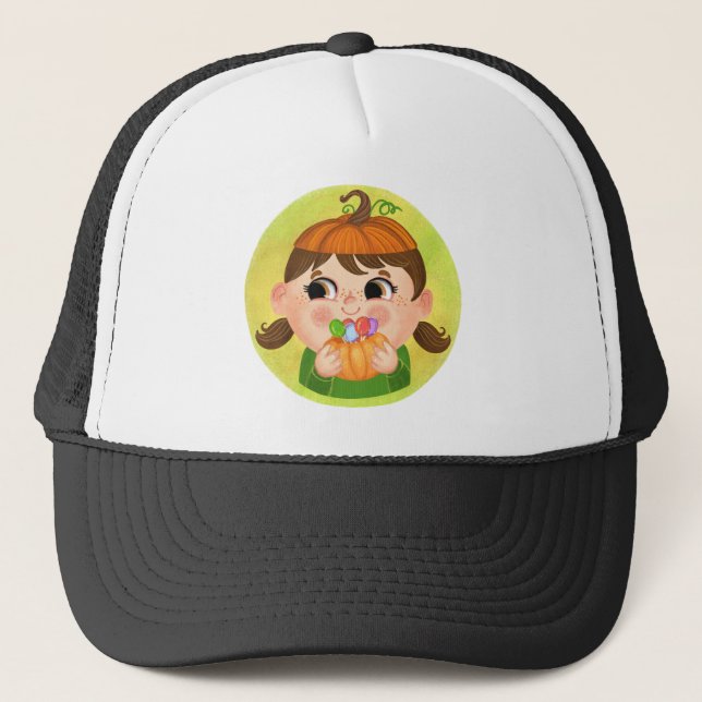 Cute girl in a Pumpkin Halloween costume Trucker Hat (Front)
