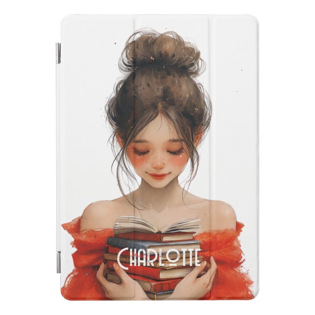 Cute girl in a red dress with books iPad pro cover (Front)