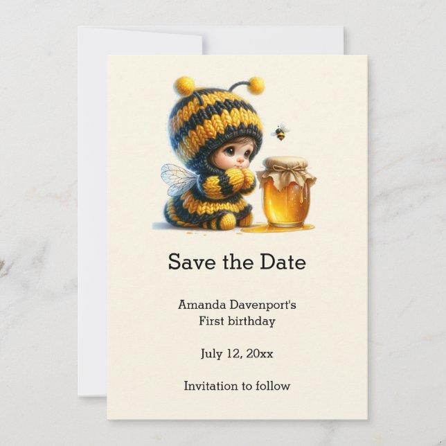 Cute Girl in Bee Costume with Honey Birthday Save The Date (Front)