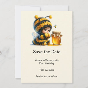 Cute Girl in Bee Costume with Honey Birthday Save The Date
