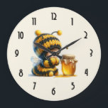 Cute Girl in Bee Costume with Honey Large Clock<br><div class="desc">A clock with a cute image. A girl in a crocheted bee costume with a bee by her side. Watching over a jar of honey.</div>
