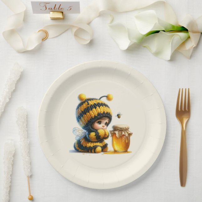 Cute Girl in Bee Costume with Honey Paper Plates (Wedding)