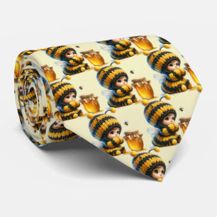 Cute Girl in Bee Costume with Honey Pattern Neck Tie