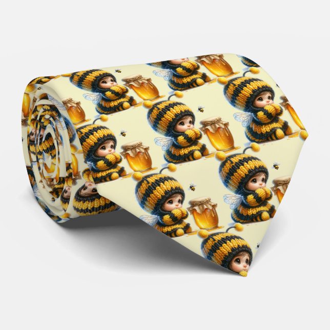 Cute Girl in Bee Costume with Honey Pattern Neck Tie (Rolled)