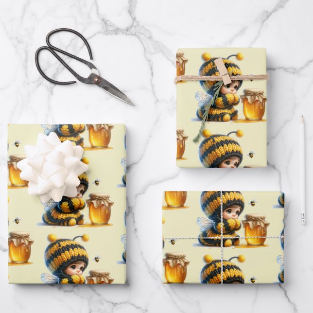 Cute Girl in Bee Costume with Honey Pattern Wrapping Paper Sheets (Front)