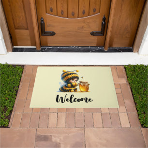 Cute Girl in Bee Costume with Honey Welcome Doormat